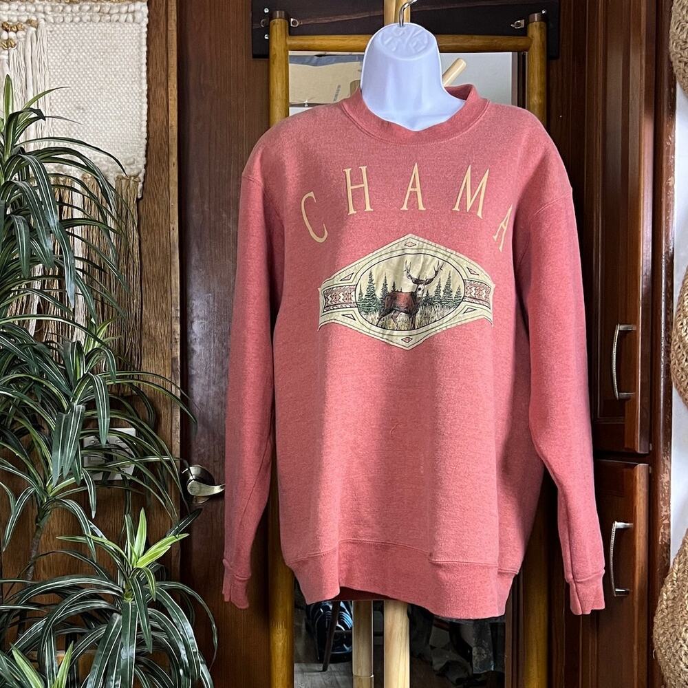 Vintage Oneita Chama Sweatshirt Mens XL Pink Deer Elk USA 90s Graphic New Mexico